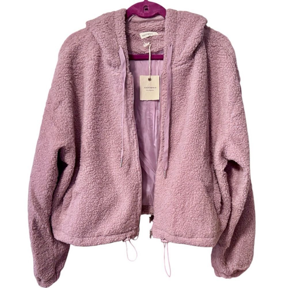 Dusty Pink Sherpa Drawstring Cropped Hooded Jacket Large NWT - And The Why - Picture 14 of 17